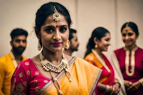 Premium Photo A Woman In A Sari With Other Women In Red And Yellow