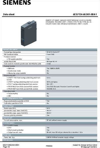 6ES71346GD010BA1 Datasheet Siemens SIMATIC ET 200 I O System With