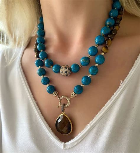 Turquoise And Tigers Eye Necklace Handmade Jewelry Big Bold