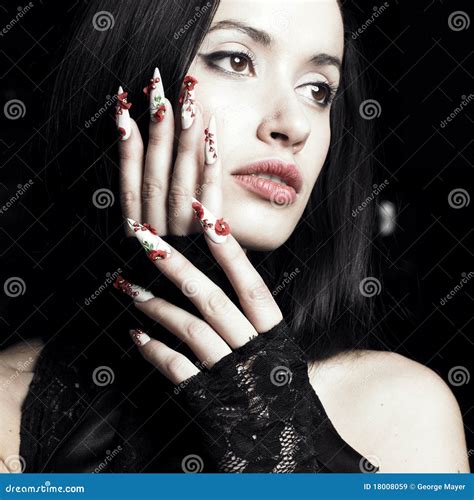 Beautiful Woman with Long, Designer Nails Stock Image - Image of