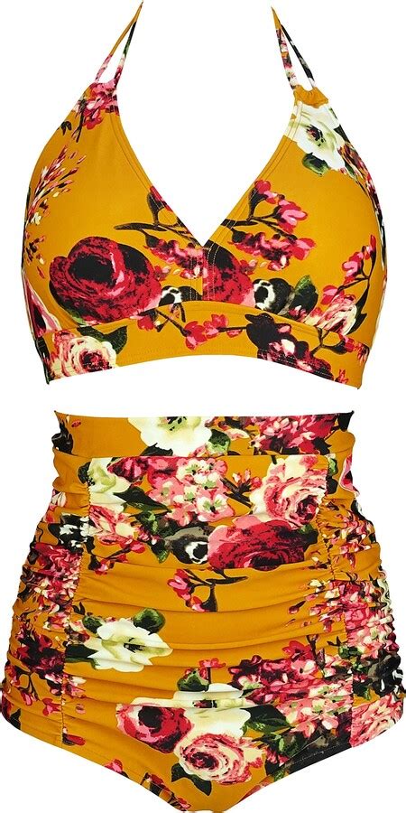 Cocoship Retro 50s Black Pink Blue Floral Halter High Waist Bikini Set Halter Carnival Swimsuit