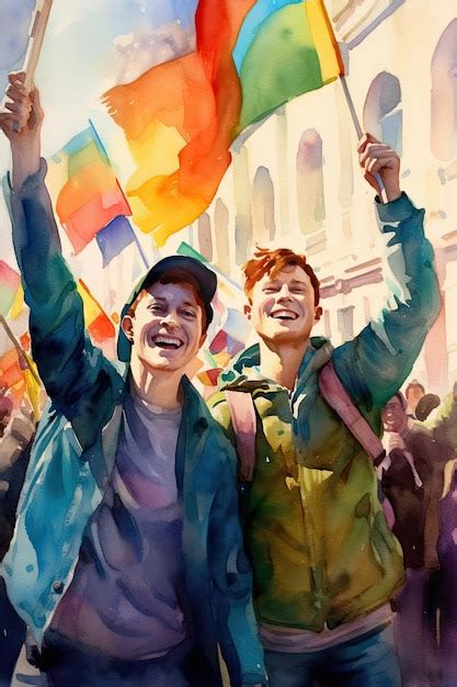 Pintura De Acuarela De Dos Gays Felices Con Banderas Lgbt En El Desfile Gay Tecnolog A
