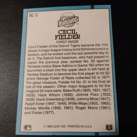 Cecil Fielder Donruss Highlights Baseball Card X Error Ebay