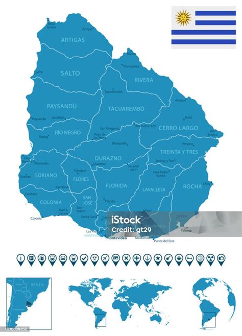ウルグアイ 都市地域世界地図と地球上の位置と詳細な青い国の地図インフォグラフィックアイコン アイコンのベクターアート素材や画像を多数ご用意