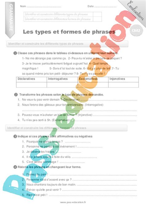 Evaluation Formes de phrases CM2 Bilan et controle corrigé pdf à