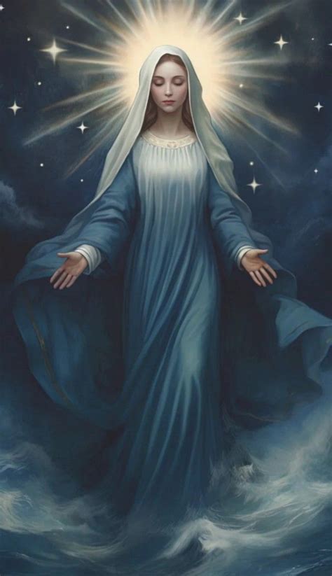 The Virgin Mary Is Standing In Water With Her Arms Outstretched And Eyes Closed Surrounded By Stars