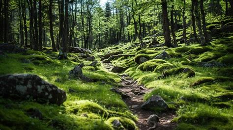 Um Caminho Da Floresta Rochas Cobertas De Musgo E Musgo Foto Premium