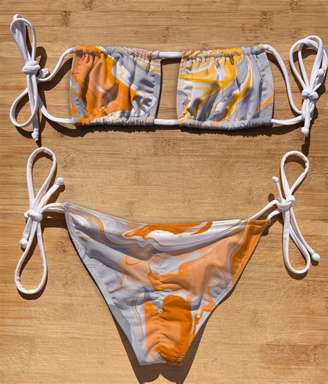 Swimwear Scrunch Butt Tie Side Square Top Bikini Set Mandarin Orange Thong Cheeky Full