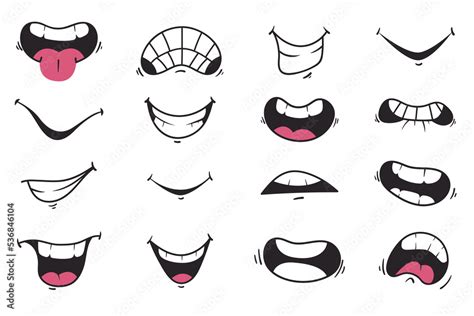 Mouth smile cute cartoon doodle face expression isolated set. Vector graphic design element ...