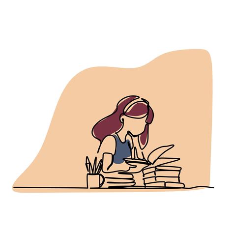 Woman Reading A Book Girl Sitting At The Table With A Stack Of Books