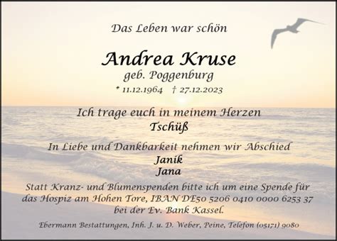 Traueranzeigen Von Andrea Kruse Trauer Anzeigen De