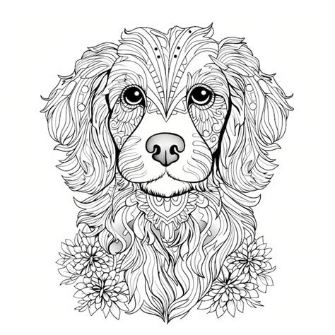 Un Dibujo En Blanco Y Negro De Un Perro Con Flores En El Fondo Foto