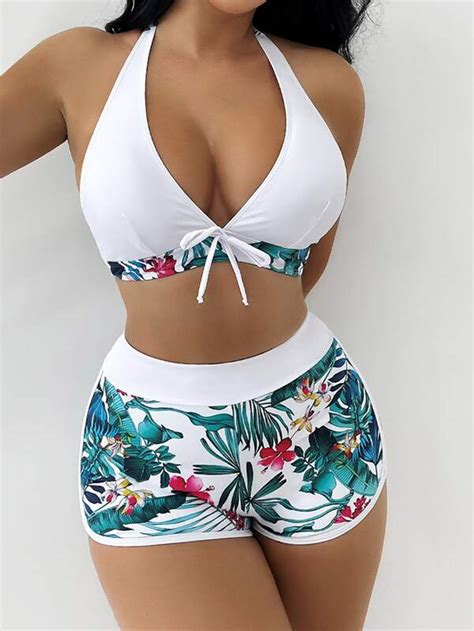 Shein Swim Vcay Tropical Print Bikini Set Halter Bra Boxer Shorts