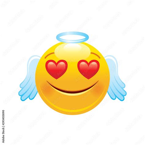 Angel with hearts emoji icon. 3d face smile for love chat, message ...