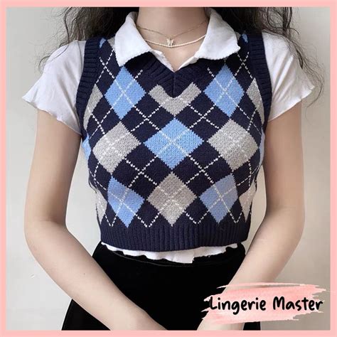 Jual LINGERIE MASTER T 19 V Neck Rompi Rajut Kotak Kotak Wanita