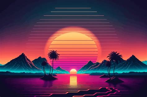 Premium Photo Retro Background Futuristic Landscape 1980s Style