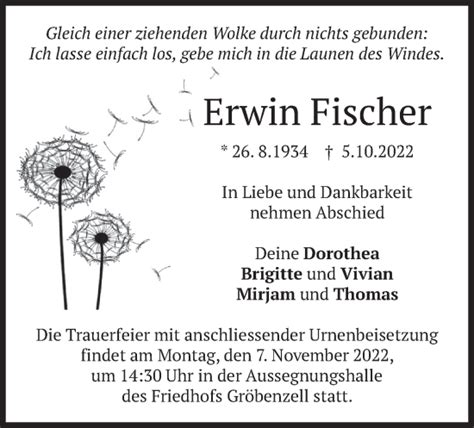 Traueranzeigen Von Erwin Fischer Trauer Merkur De