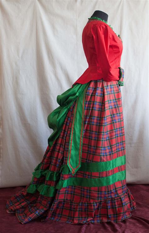 Victorian Red And Green Walking Dress 1870s Plaid Bustle Gown Etsy