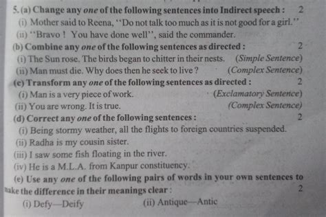 A Change Any One Of The Following Sentences Into Indirect Speech 2