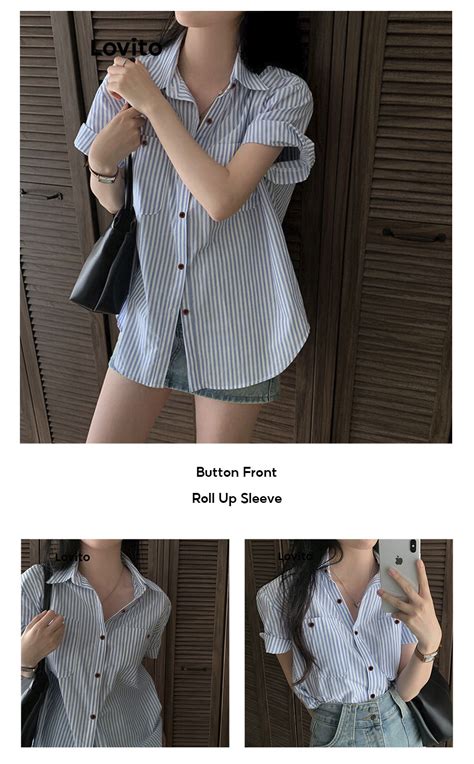 Lovito Casual Striped Button Front Roll Up Sleeve Blouse For Women