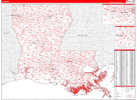 Louisiana Zip Code Wall Map Red Line Style By Marketmaps Mapsales