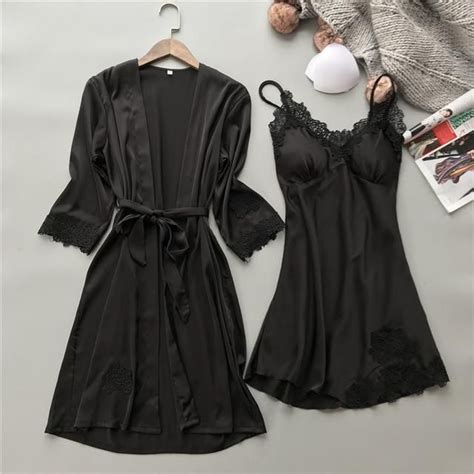 Silk Robe Femme With Chest Pads Sexy Lace Sleepwear Night Dress Robes