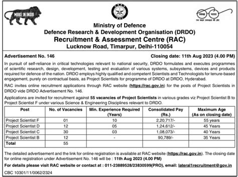 DRDO-RAC Recruitment 2023 – 55 Project Scientist Posts Apply Online ...