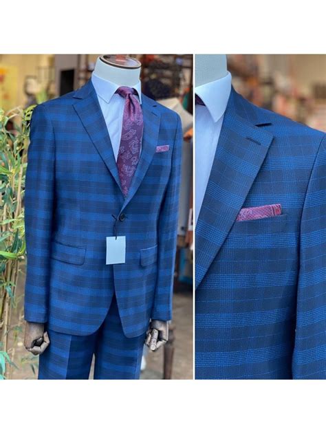 Arthur Black Mens Blue Plaid Slim Fit 100 Vbc Wool Prehemmed Suit