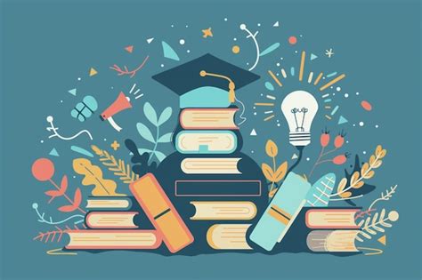 A person surrounded by books with various symbols of education and