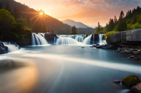 Premium AI Image | A sunset over a waterfall