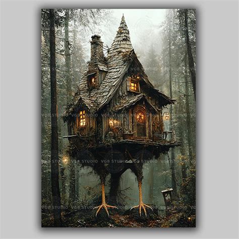 Baba Yaga Hut Art Print Folklore Wall Art Whimsical Witch House