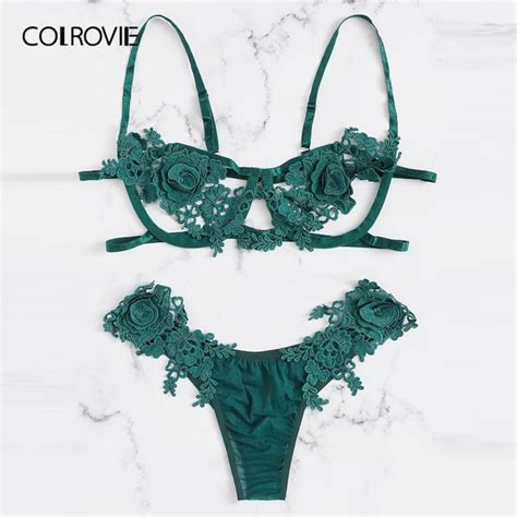 Colrovie Green Floral Harness Appliques Lace Sexy Lingerie Set Women