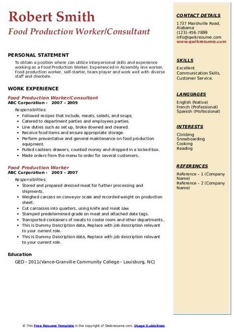 Food Production Worker Resume Samples Qwikresume