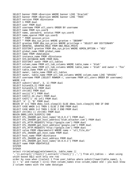 Oracle Sql Injection Cheat Sheet W Download Free Pdf Computer
