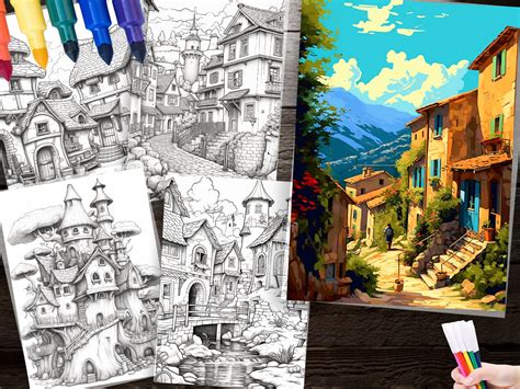 200 Charming Village Scene Coloring Page Printable Adult Coloring Sheet Relaxing Art Activity