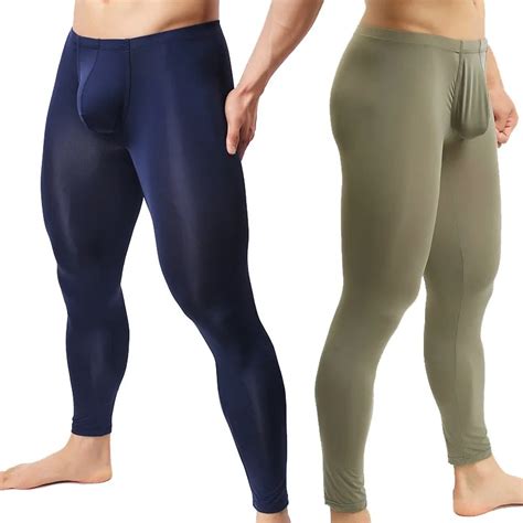 Men S Sexy Long Johns Ice Silk Ultra Thin U Pouch Leggings Underwear