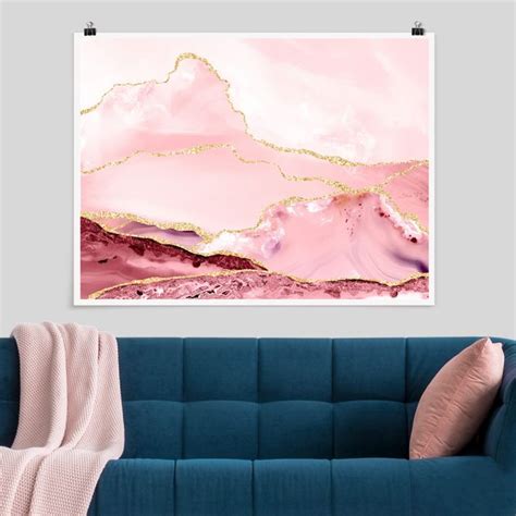 Abstrakte Berge Rosa Mit Goldene Linien Poster Im Querformat 4 3