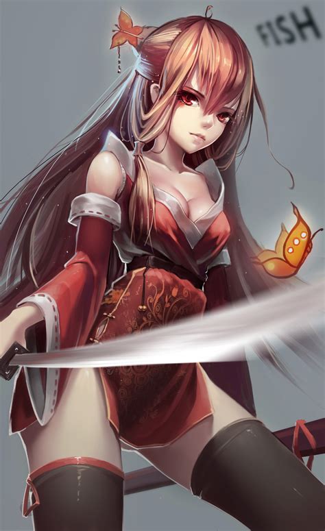 Wallpaper Long Hair Anime Girls Weapon Cartoon Red Eyes Sword