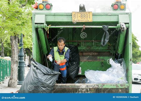 Worker In Waste Trucks Thailand 21 July 2017 Sanitation Worker Being