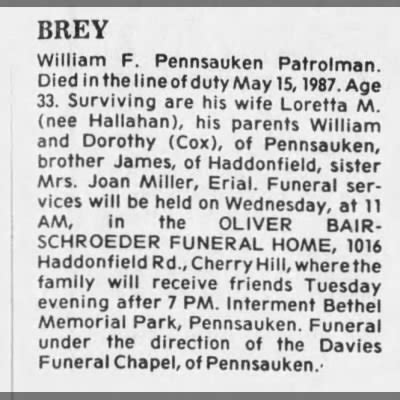 Obituary For William F BREY Aged 33 Newspapers