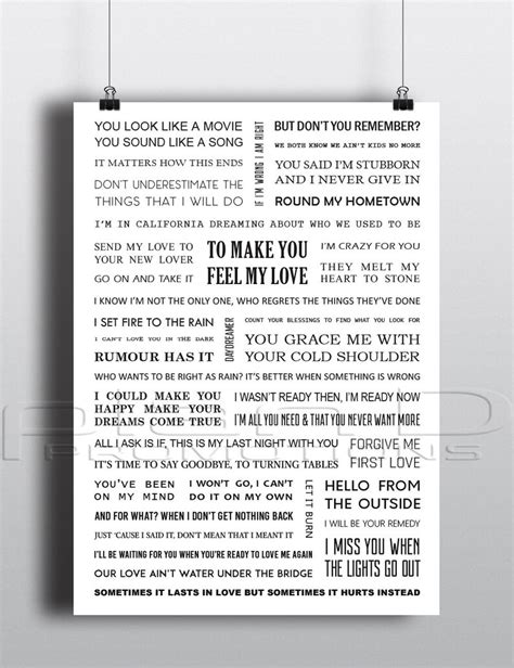 Adele Song Lyrics Poster A4 Size Etsy