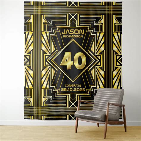 40th Birthday Art Deco Gold Black Great Gatsby Tapestry Zazzle