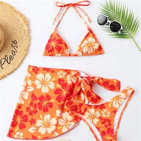 Pieces Bikini Set With Skirt Floral Print String Thong Bathing Suits