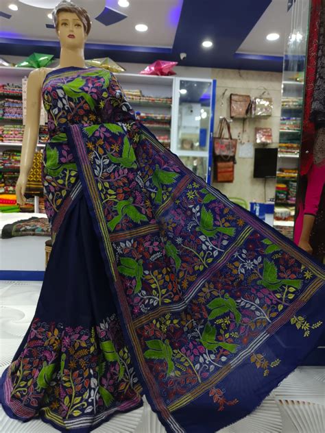 Navy Nights Parrot Kantha Embroidery Saree In Bangalore Silk Kantha