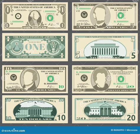 Dollar Banknotes Us Currency Money Bills Vector Set Stock Vector