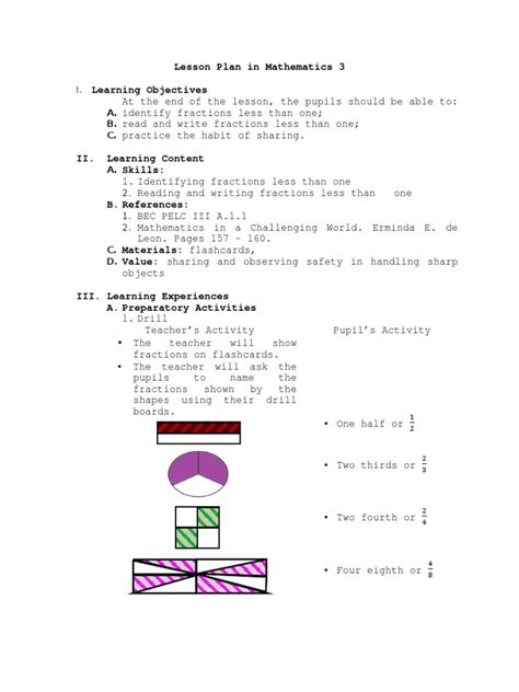 Lesson Plan In Mathematics 3 Fraction Mathematics Teaching