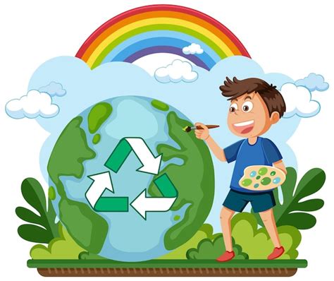 Premium Vector A Boy Painting Recycle Symbol On Earth