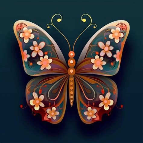 Premium AI Image Brightly Colored Butterfly With Flowers And Swirls