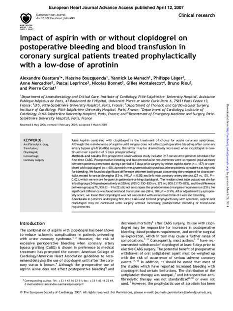 Pdf Impact Of Aspirin With Or Without Clopidogrel On Postoperative