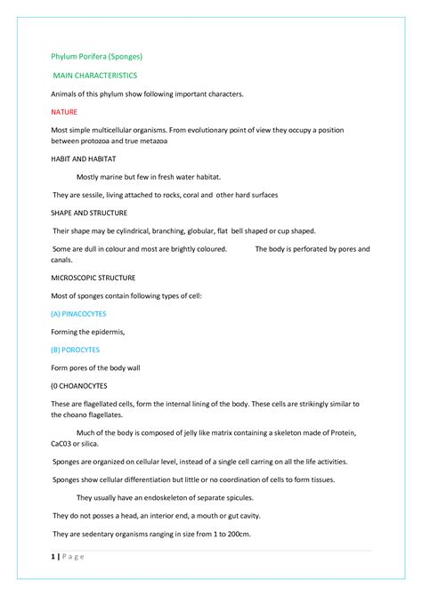 Solution St Year Biology Complete Notes Phylum Porifera Sponges To